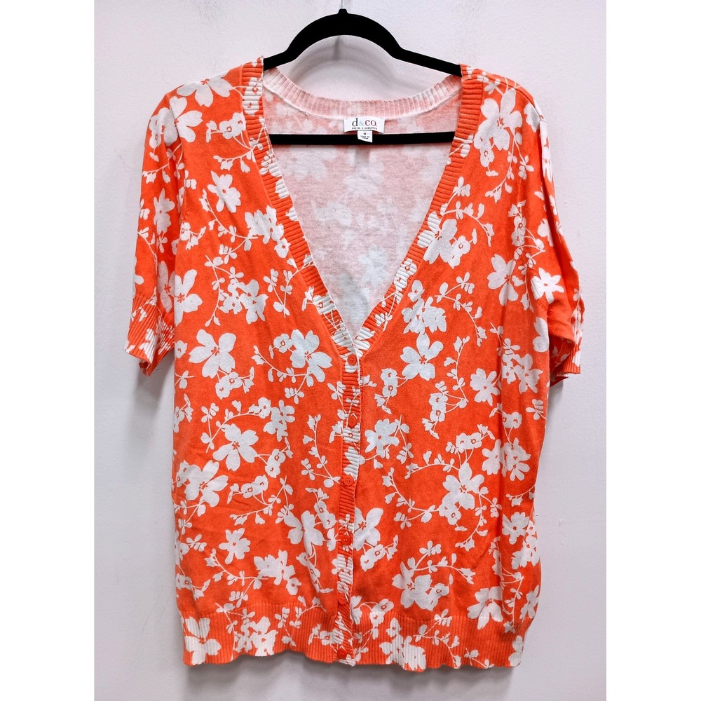 Denim & Co Cardigan‎ Womens 1X Orange Floral Short Sleeve V-Neck Cottagecore